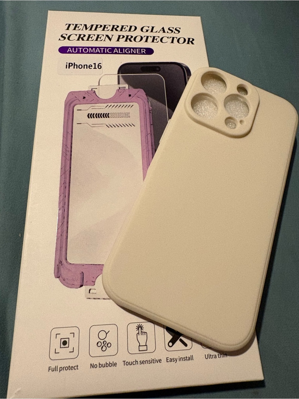 iPhone 16 Silicone Case with Tempered Glass Screen Protector - Cream